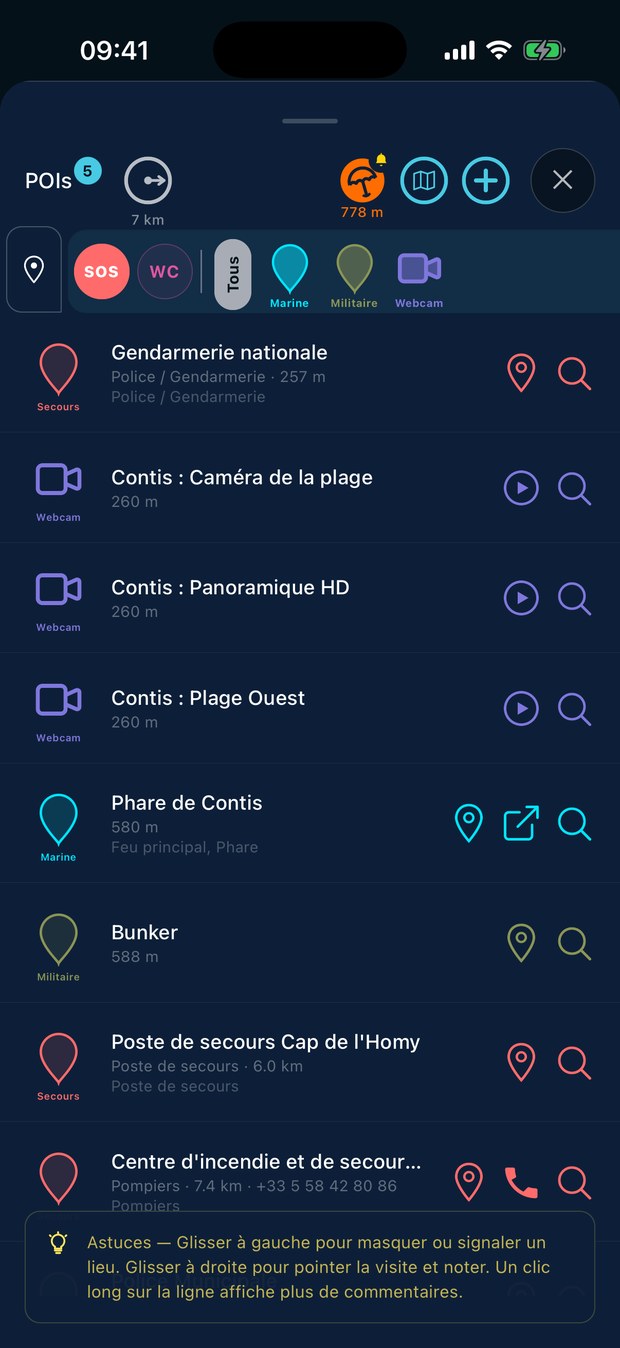 Liste des lieux du littoral dans TidMe, triés par distance, avec leur catégorie et leur note.